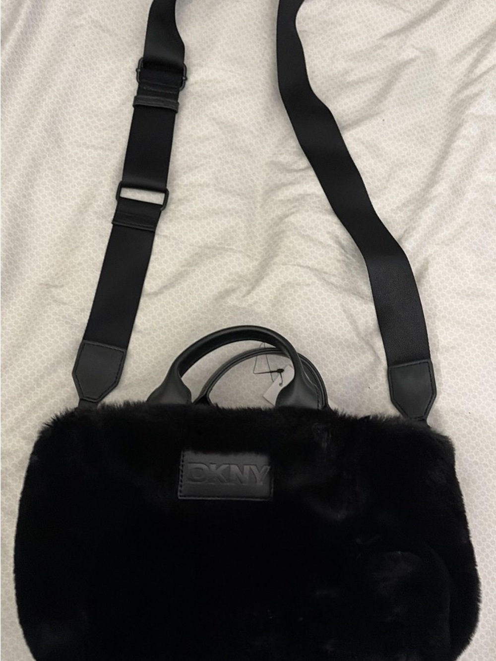 DKNY Black Faux Fur Crossbody with Wide Nylon Strap